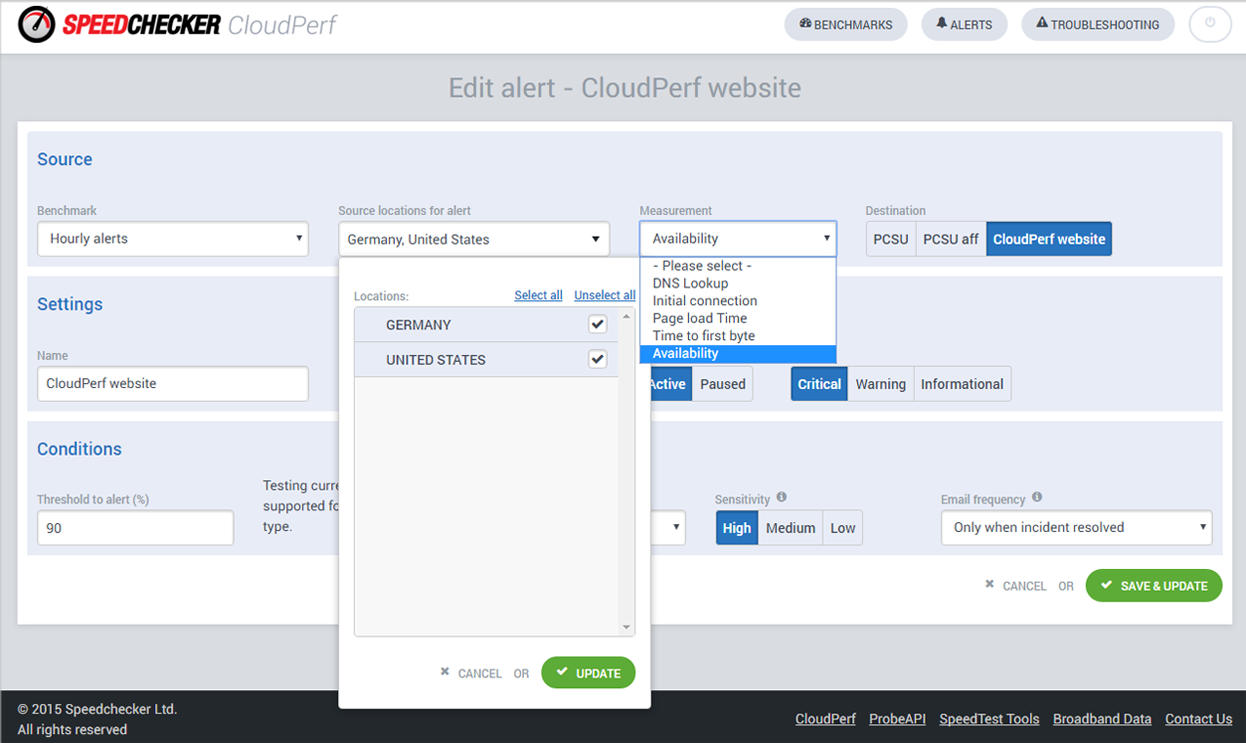 Cloudperf alert settings
